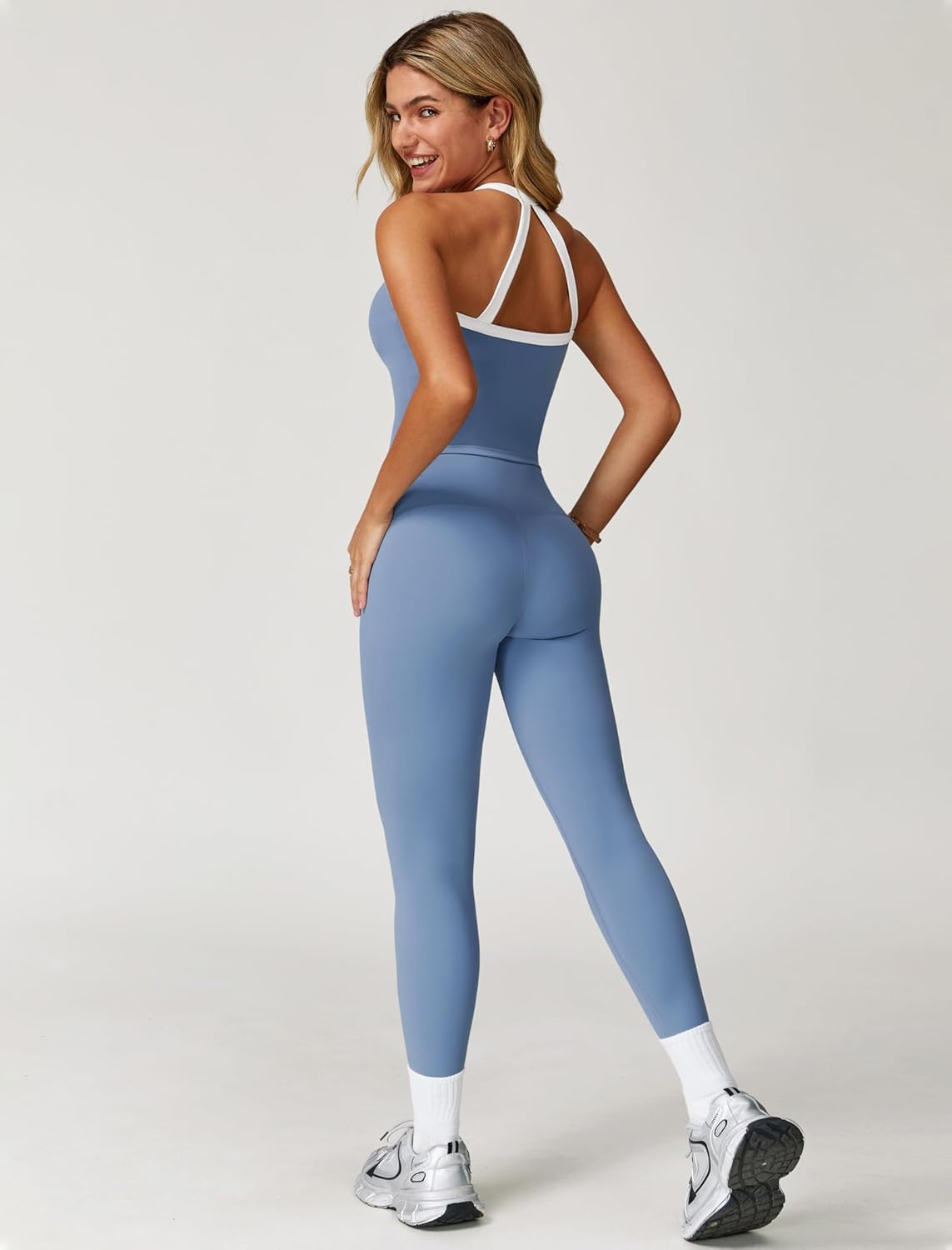Womens Workout Sets Two Piece Cross Back Tank Top Matching High Waist Leggings Sets Gym Outfits Work Out Clothes