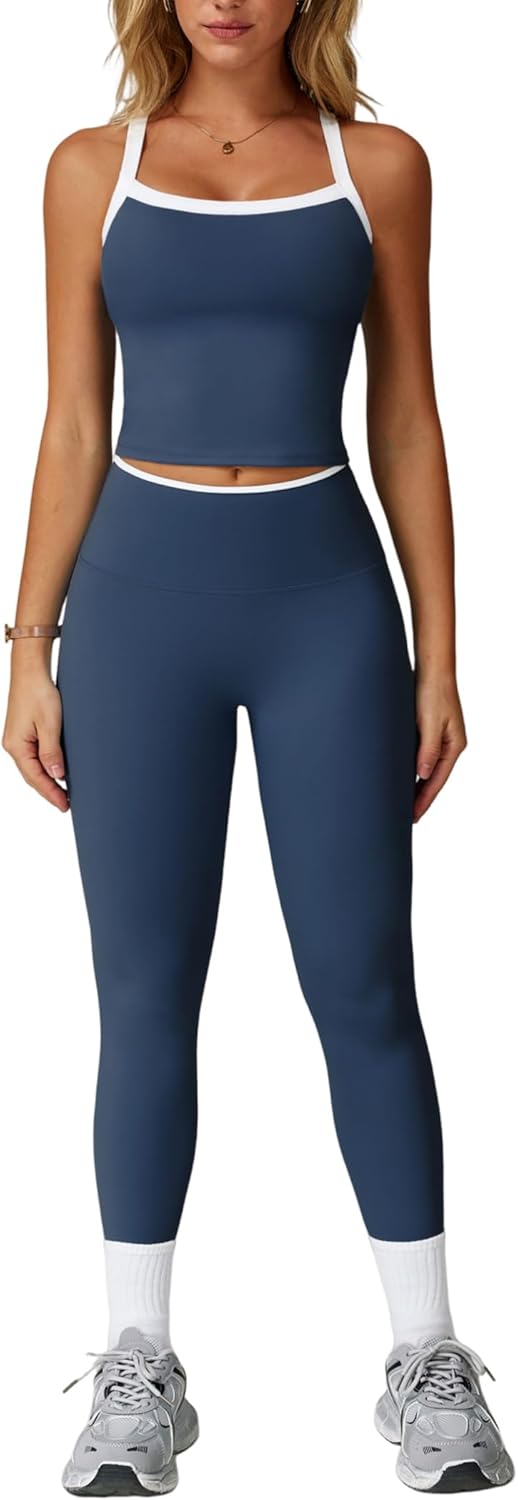 Womens Workout Sets Two Piece Cross Back Tank Top Matching High Waist Leggings Sets Gym Outfits Work Out Clothes