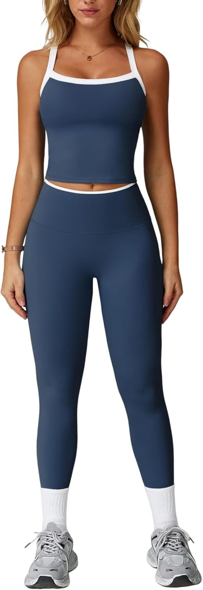 Womens Workout Sets Two Piece Cross Back Tank Top Matching High Waist Leggings Sets Gym Outfits Work Out Clothes