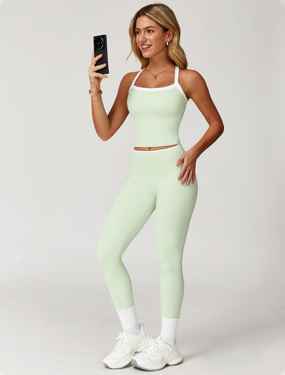 Womens Workout Sets Two Piece Cross Back Tank Top Matching High Waist Leggings Sets Gym Outfits Work Out Clothes