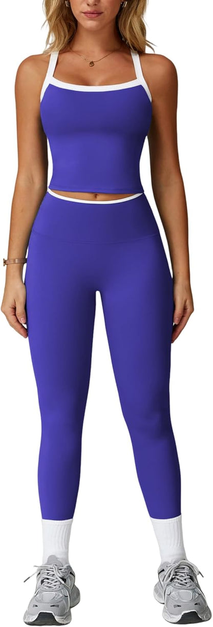 Womens Workout Sets Two Piece Cross Back Tank Top Matching High Waist Leggings Sets Gym Outfits Work Out Clothes