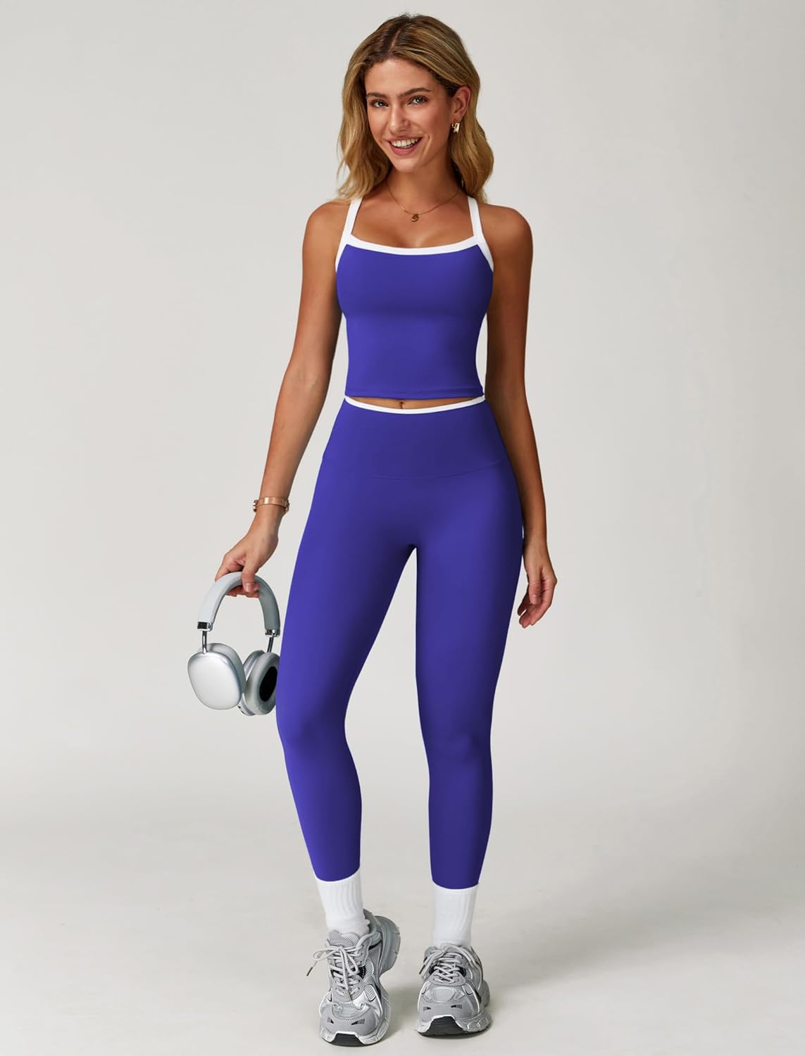 Womens Workout Sets Two Piece Cross Back Tank Top Matching High Waist Leggings Sets Gym Outfits Work Out Clothes