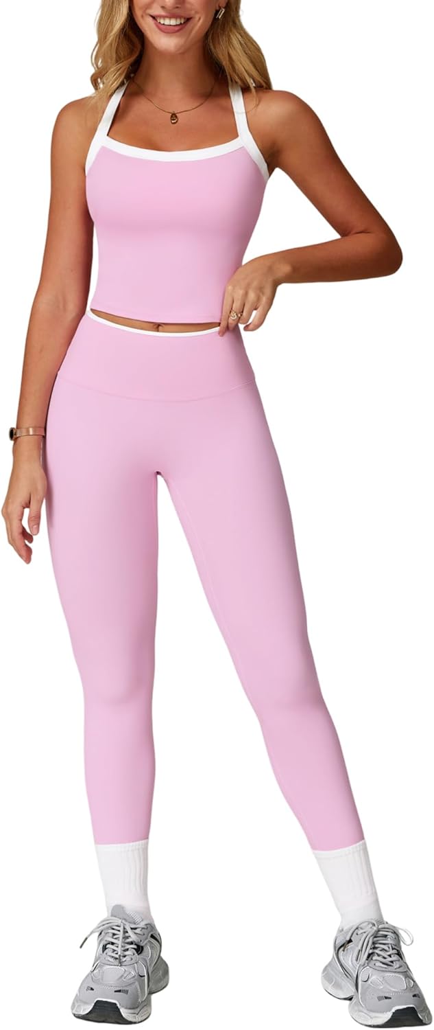 Womens Workout Sets Two Piece Cross Back Tank Top Matching High Waist Leggings Sets Gym Outfits Work Out Clothes