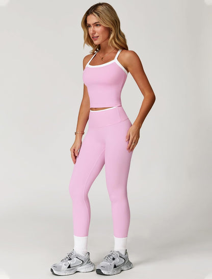 Womens Workout Sets Two Piece Cross Back Tank Top Matching High Waist Leggings Sets Gym Outfits Work Out Clothes