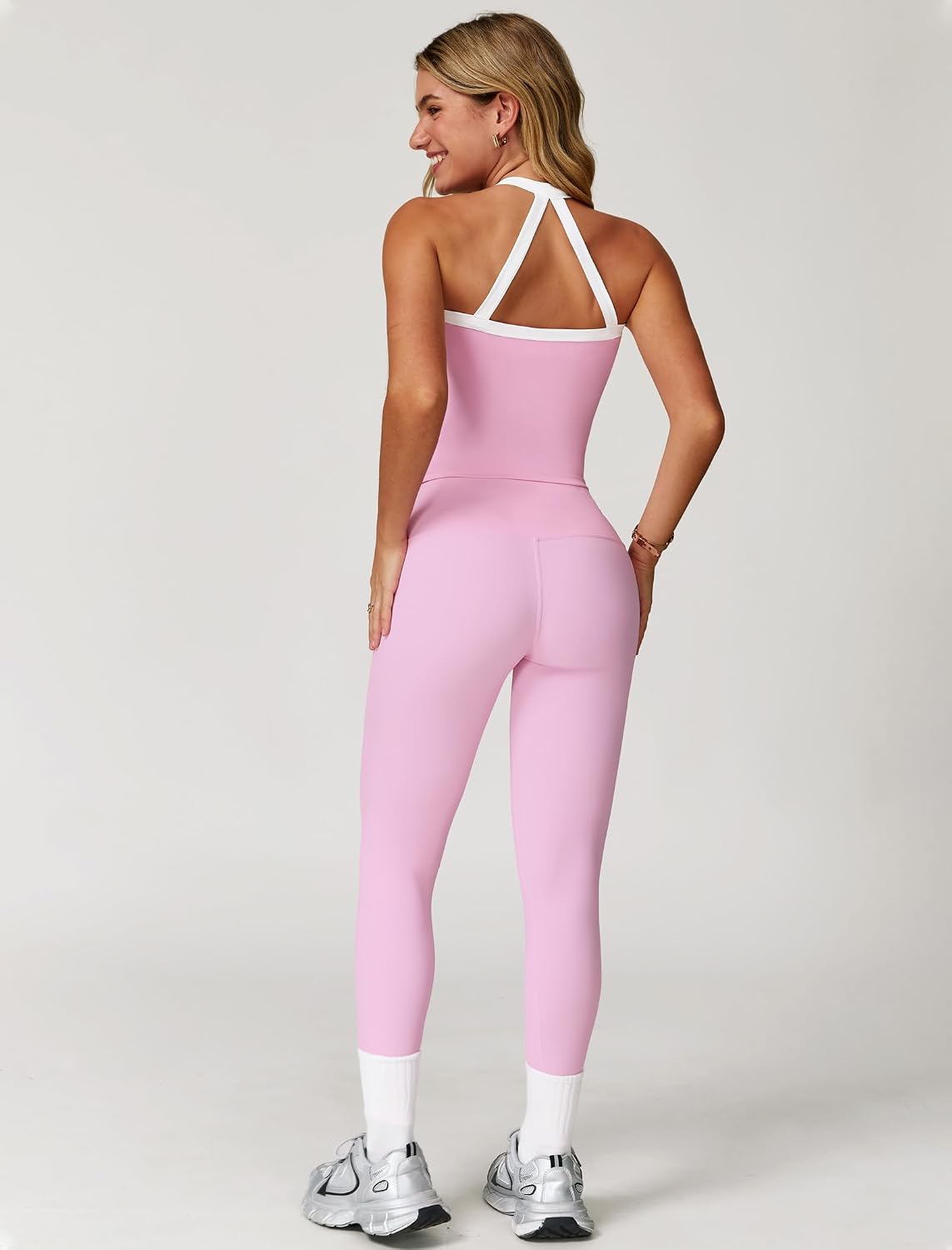 Womens Workout Sets Two Piece Cross Back Tank Top Matching High Waist Leggings Sets Gym Outfits Work Out Clothes