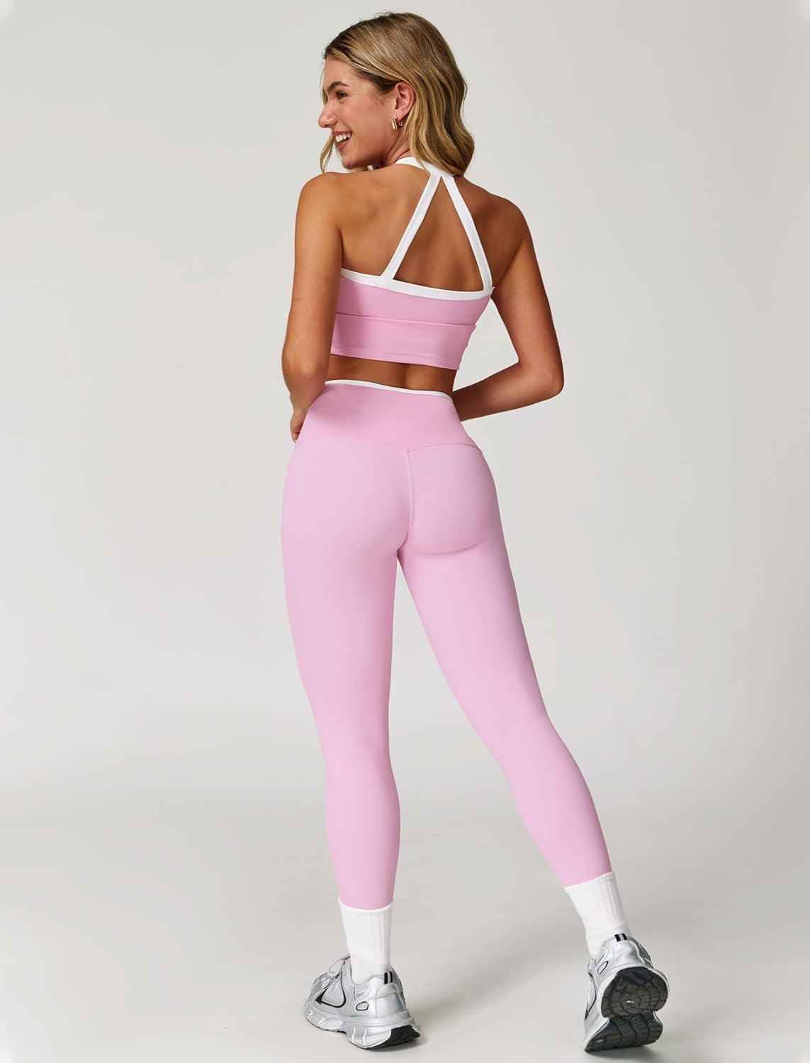 Womens Workout Sets Two Piece Cross Back Tank Top Matching High Waist Leggings Sets Gym Outfits Work Out Clothes