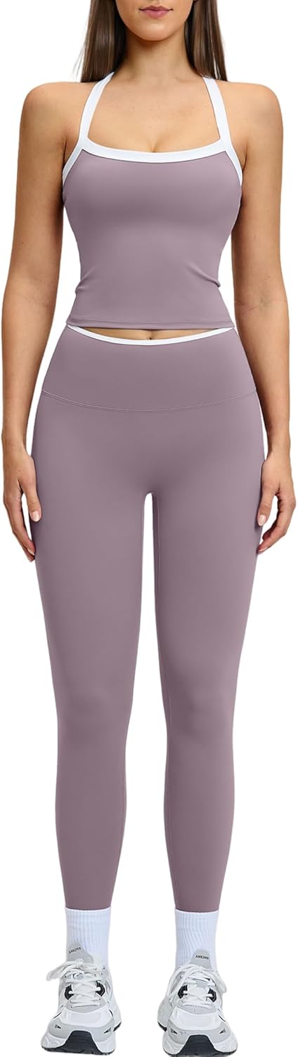 Womens Workout Sets Two Piece Cross Back Tank Top Matching High Waist Leggings Sets Gym Outfits Work Out Clothes