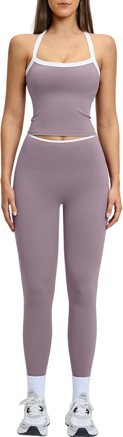 Womens Workout Sets Two Piece Cross Back Tank Top Matching High Waist Leggings Sets Gym Outfits Work Out Clothes