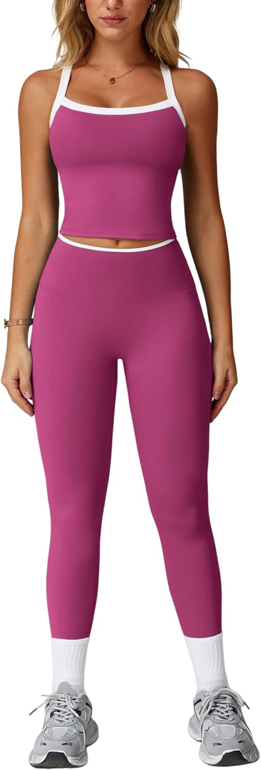 Womens Workout Sets Two Piece Cross Back Tank Top Matching High Waist Leggings Sets Gym Outfits Work Out Clothes