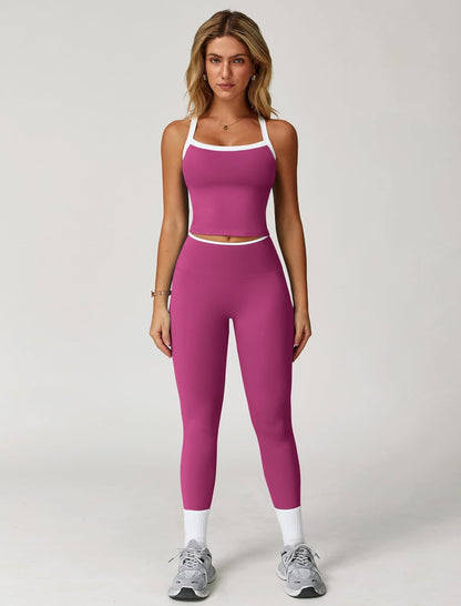 Womens Workout Sets Two Piece Cross Back Tank Top Matching High Waist Leggings Sets Gym Outfits Work Out Clothes