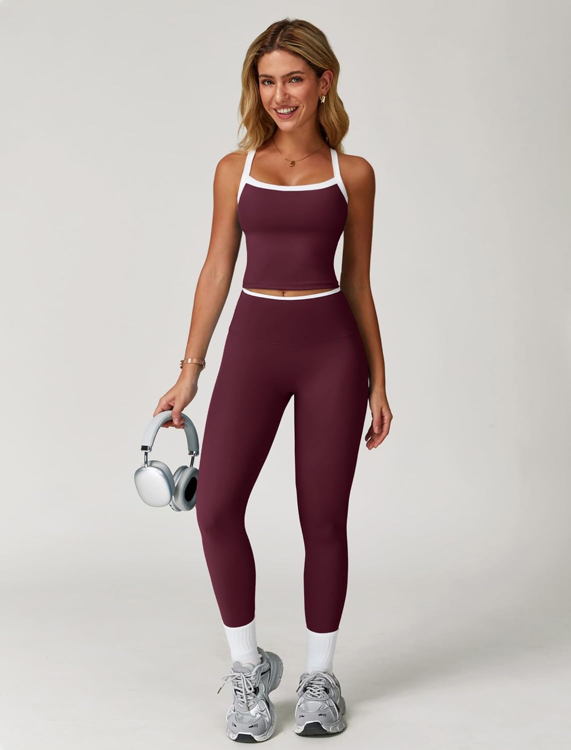 Womens Workout Sets Two Piece Cross Back Tank Top Matching High Waist Leggings Sets Gym Outfits Work Out Clothes
