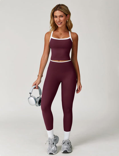 Womens Workout Sets Two Piece Cross Back Tank Top Matching High Waist Leggings Sets Gym Outfits Work Out Clothes