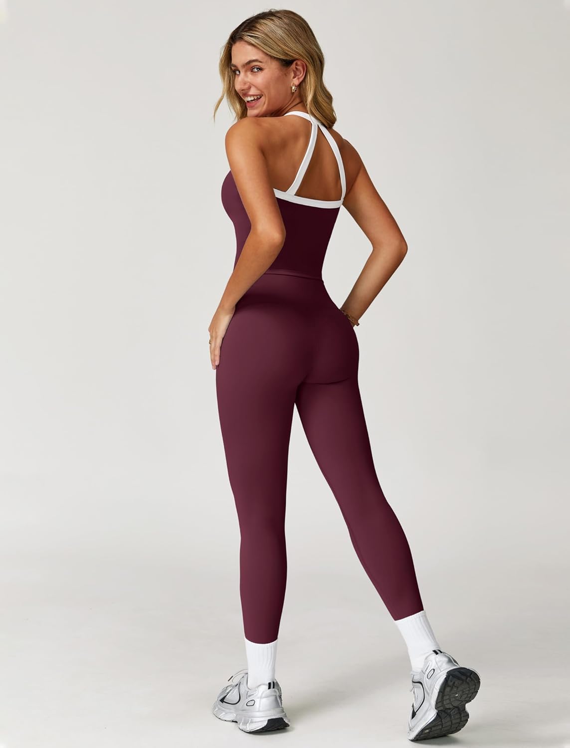 Womens Workout Sets Two Piece Cross Back Tank Top Matching High Waist Leggings Sets Gym Outfits Work Out Clothes