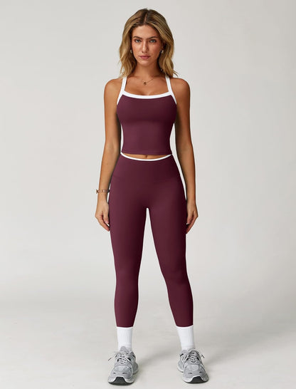 Womens Workout Sets Two Piece Cross Back Tank Top Matching High Waist Leggings Sets Gym Outfits Work Out Clothes