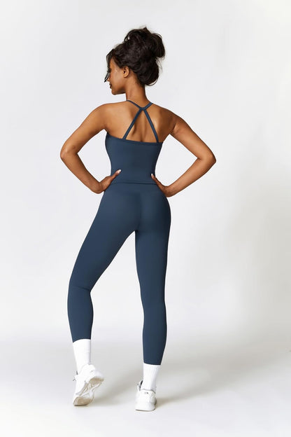 Womens Workout Sets Two Piece Cross Back Tank Top Matching High Waist Leggings Sets Gym Outfits Work Out Clothes