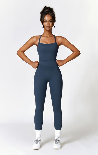 Womens Workout Sets Two Piece Cross Back Tank Top Matching High Waist Leggings Sets Gym Outfits Work Out Clothes