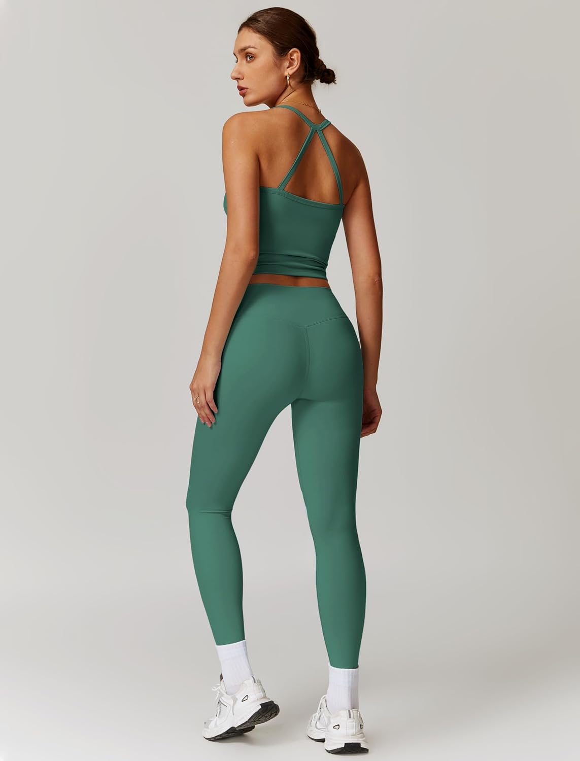 Womens Workout Sets Two Piece Cross Back Tank Top Matching High Waist Leggings Sets Gym Outfits Work Out Clothes
