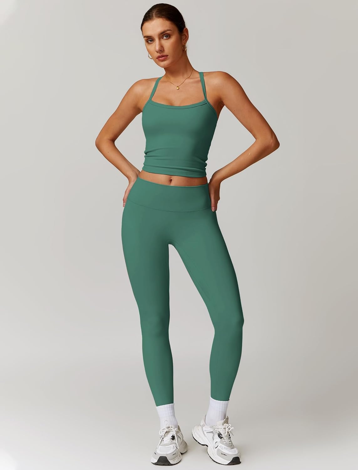 Womens Workout Sets Two Piece Cross Back Tank Top Matching High Waist Leggings Sets Gym Outfits Work Out Clothes