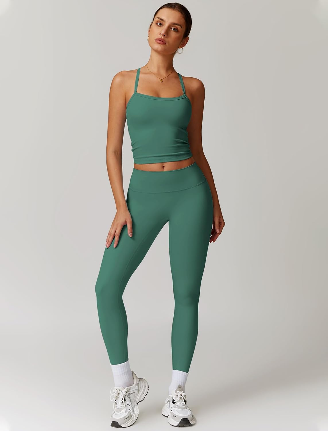 Womens Workout Sets Two Piece Cross Back Tank Top Matching High Waist Leggings Sets Gym Outfits Work Out Clothes