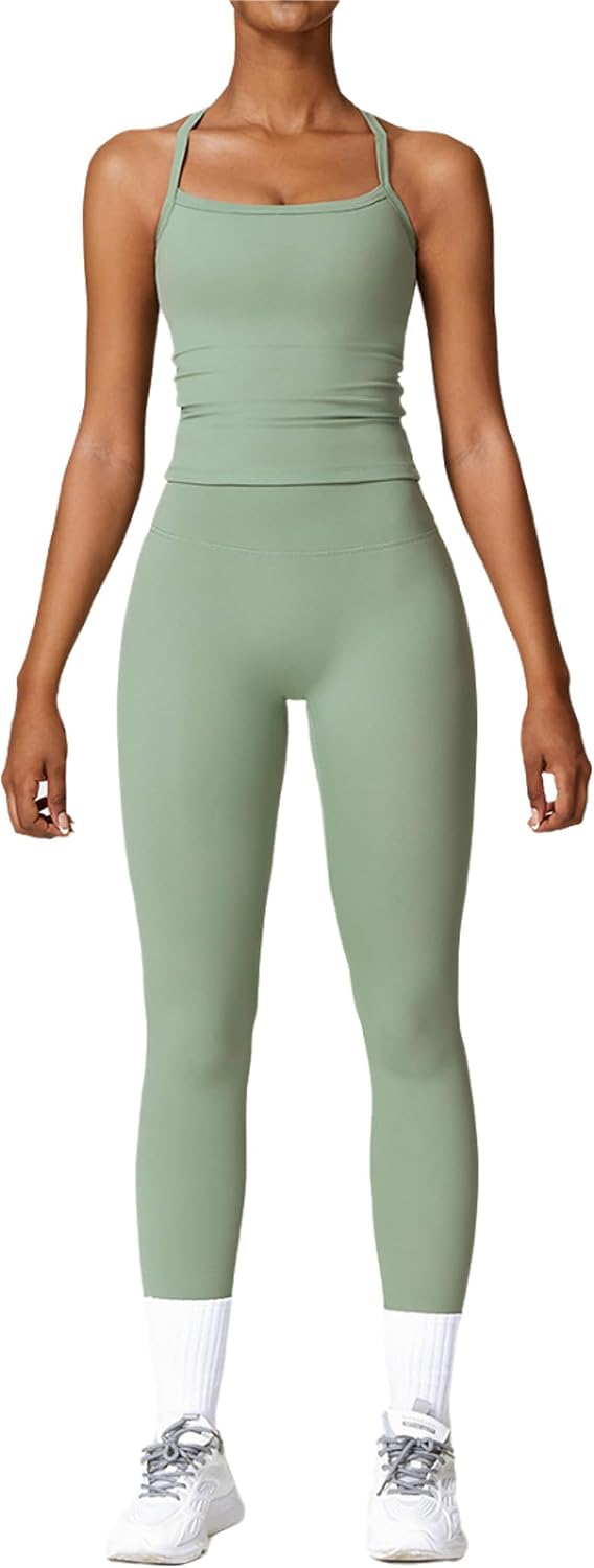 Womens Workout Sets Two Piece Cross Back Tank Top Matching High Waist Leggings Sets Gym Outfits Work Out Clothes