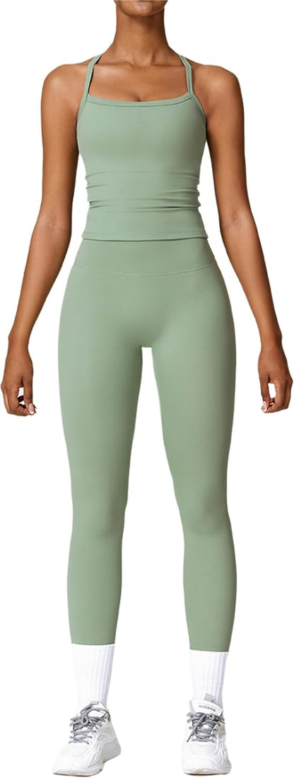 Womens Workout Sets Two Piece Cross Back Tank Top Matching High Waist Leggings Sets Gym Outfits Work Out Clothes