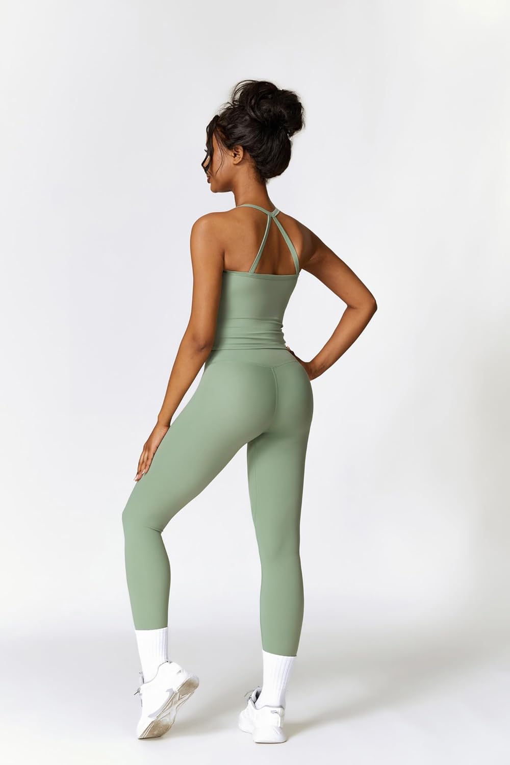 Womens Workout Sets Two Piece Cross Back Tank Top Matching High Waist Leggings Sets Gym Outfits Work Out Clothes