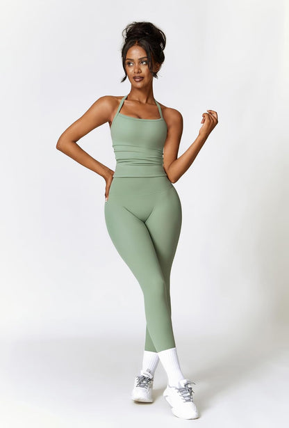 Womens Workout Sets Two Piece Cross Back Tank Top Matching High Waist Leggings Sets Gym Outfits Work Out Clothes