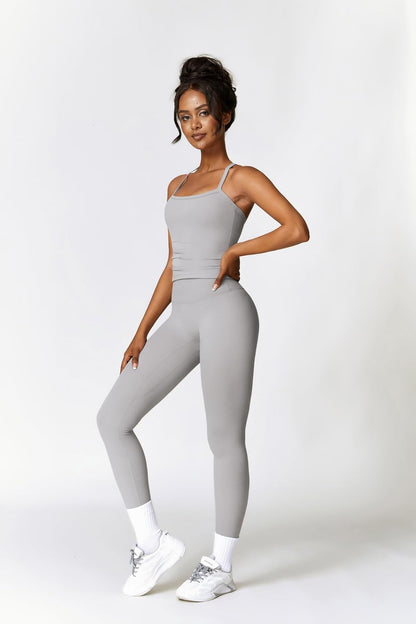 Womens Workout Sets Two Piece Cross Back Tank Top Matching High Waist Leggings Sets Gym Outfits Work Out Clothes