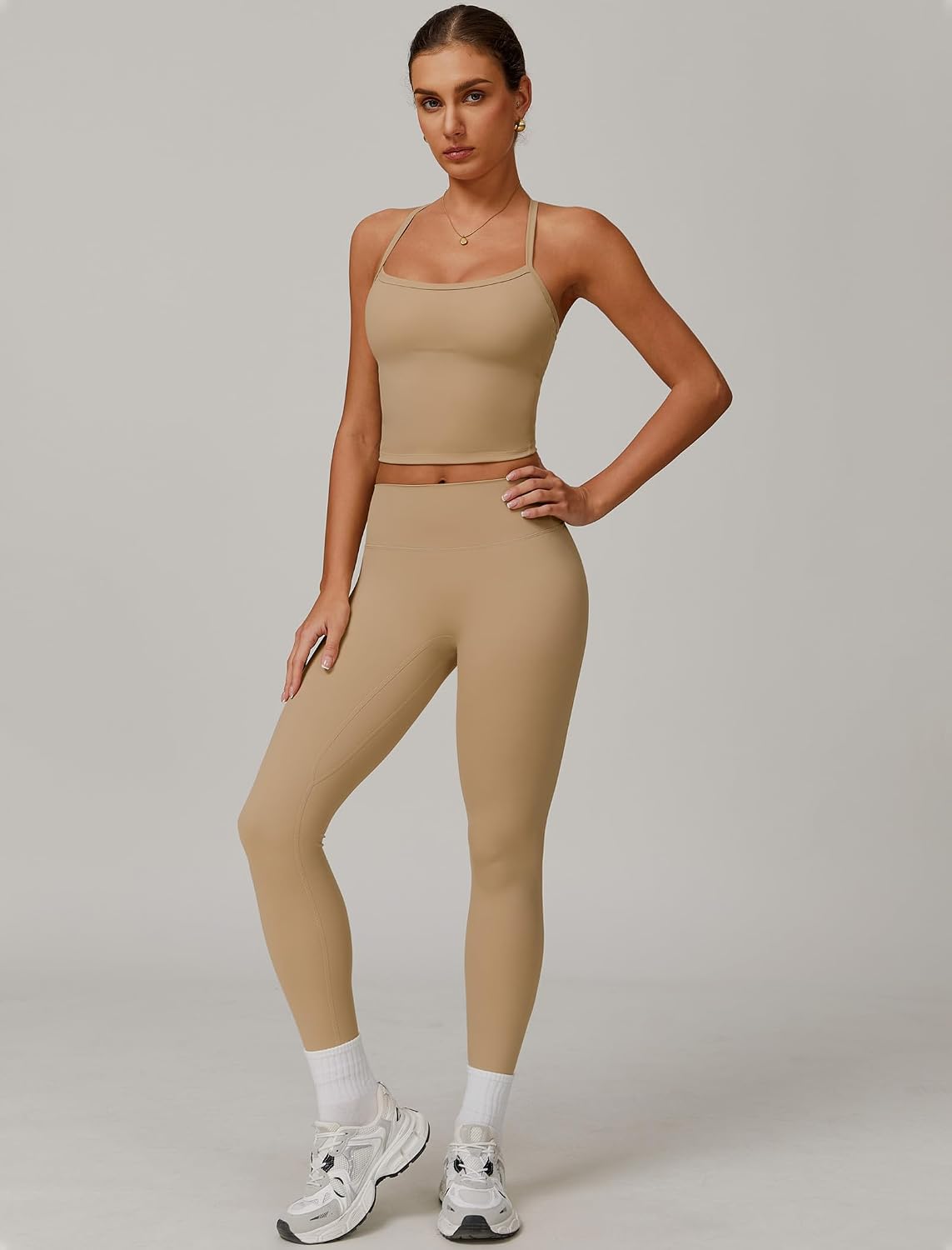 Womens Workout Sets Two Piece Cross Back Tank Top Matching High Waist Leggings Sets Gym Outfits Work Out Clothes