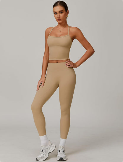 Womens Workout Sets Two Piece Cross Back Tank Top Matching High Waist Leggings Sets Gym Outfits Work Out Clothes