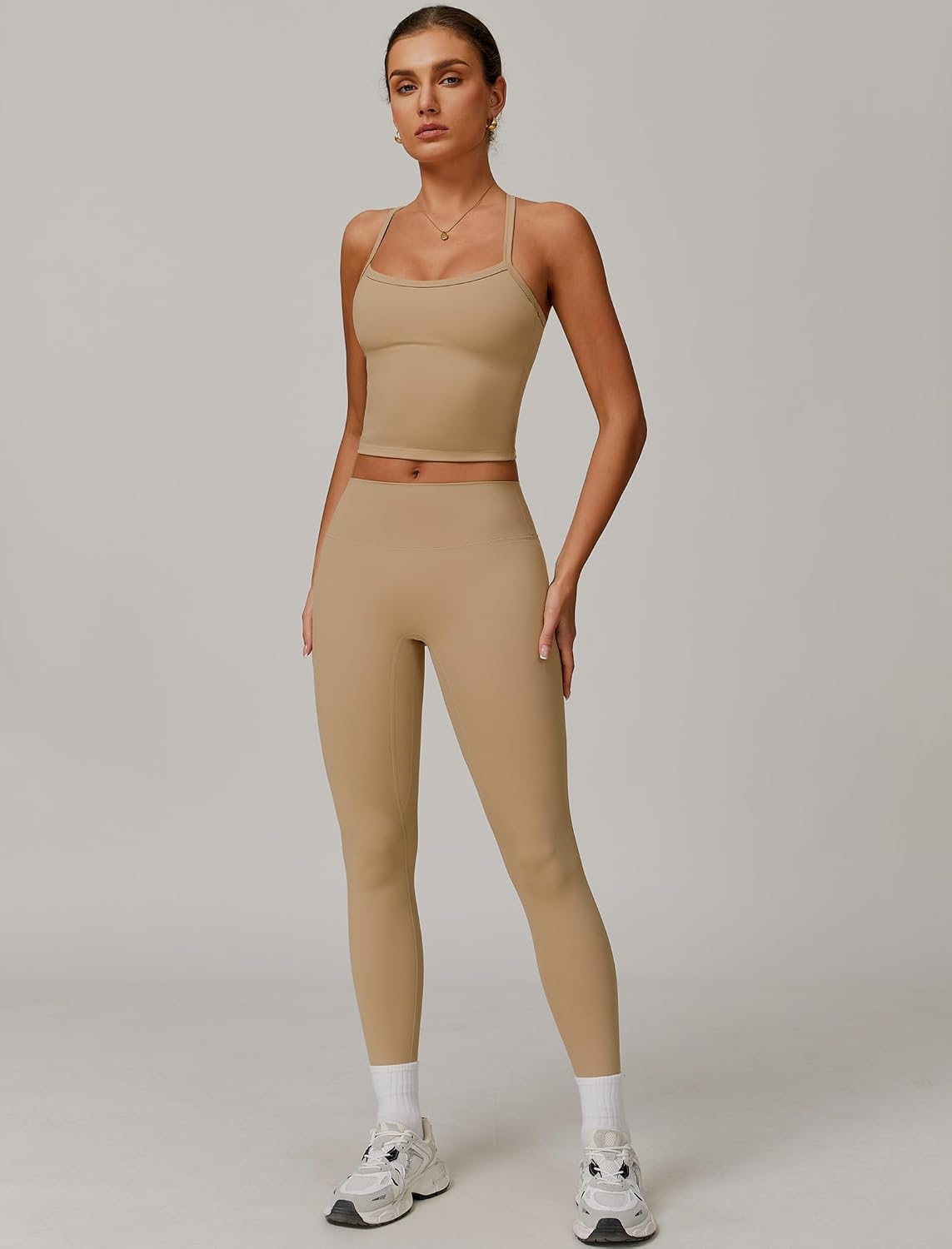 Womens Workout Sets Two Piece Cross Back Tank Top Matching High Waist Leggings Sets Gym Outfits Work Out Clothes