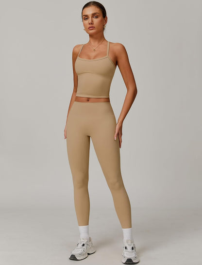 Womens Workout Sets Two Piece Cross Back Tank Top Matching High Waist Leggings Sets Gym Outfits Work Out Clothes