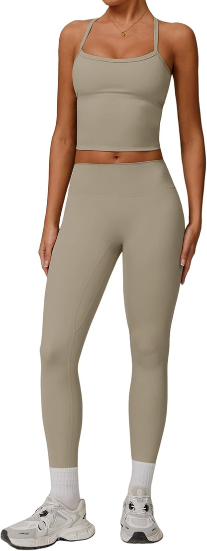 Womens Workout Sets Two Piece Cross Back Tank Top Matching High Waist Leggings Sets Gym Outfits Work Out Clothes