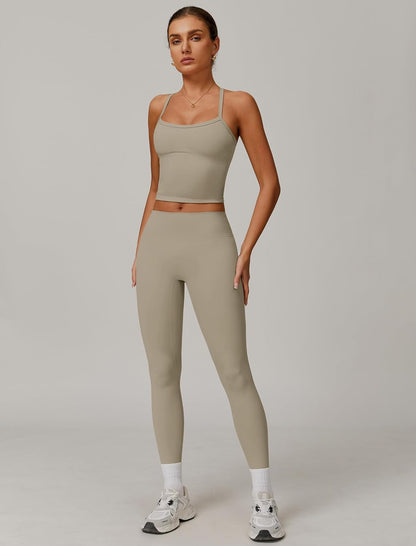 Womens Workout Sets Two Piece Cross Back Tank Top Matching High Waist Leggings Sets Gym Outfits Work Out Clothes