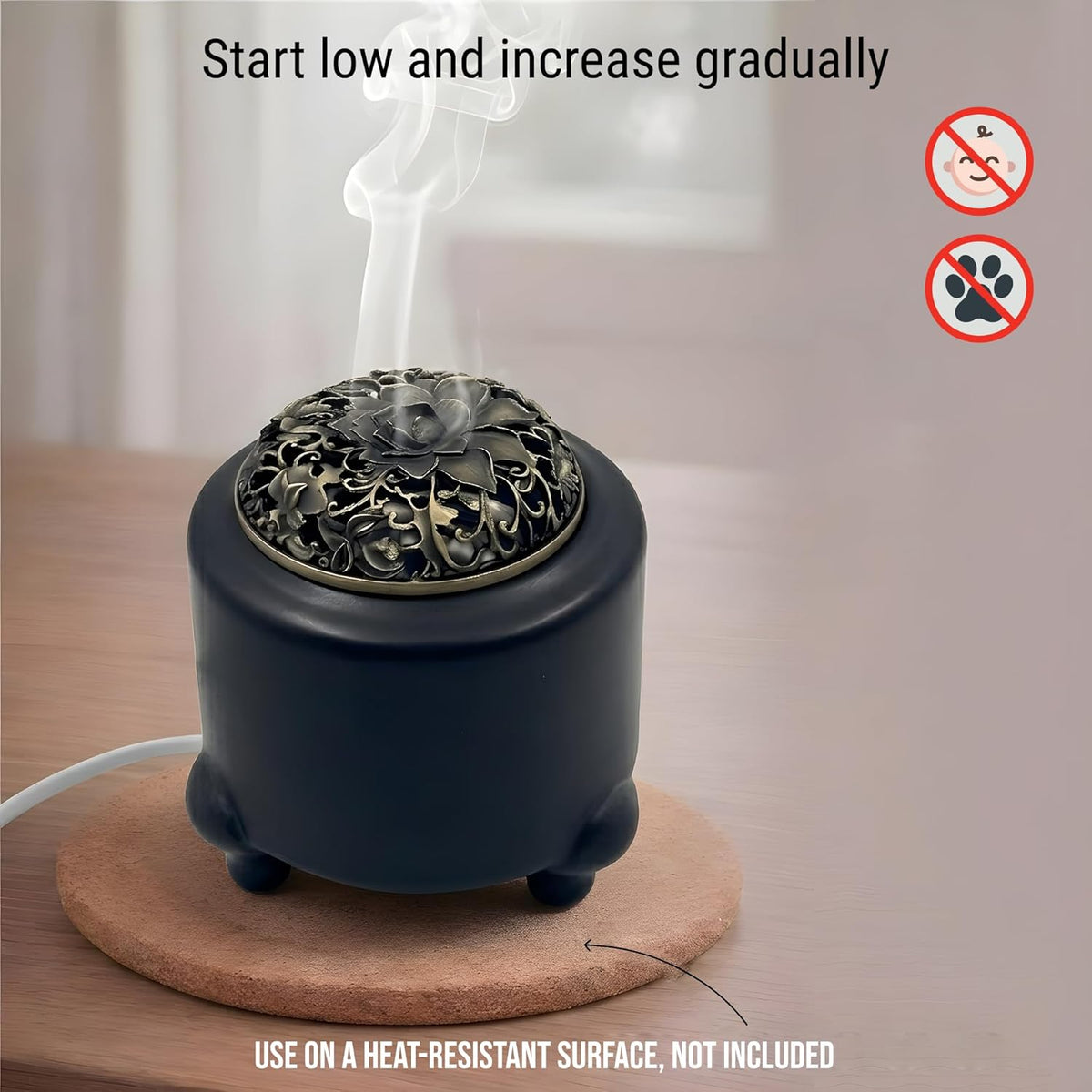 URMIX Electric Incense & Bakhoor Burner – Adjustable Heat, Timer (Black)