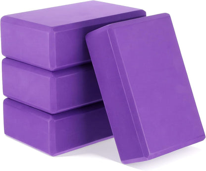4 Pack High Density EVA Foam Yoga Blocks (9"x6"x3") - Non-Slip Lightweight Pilates Equipment for Stretching, Meditation & Balance Support (Purple)