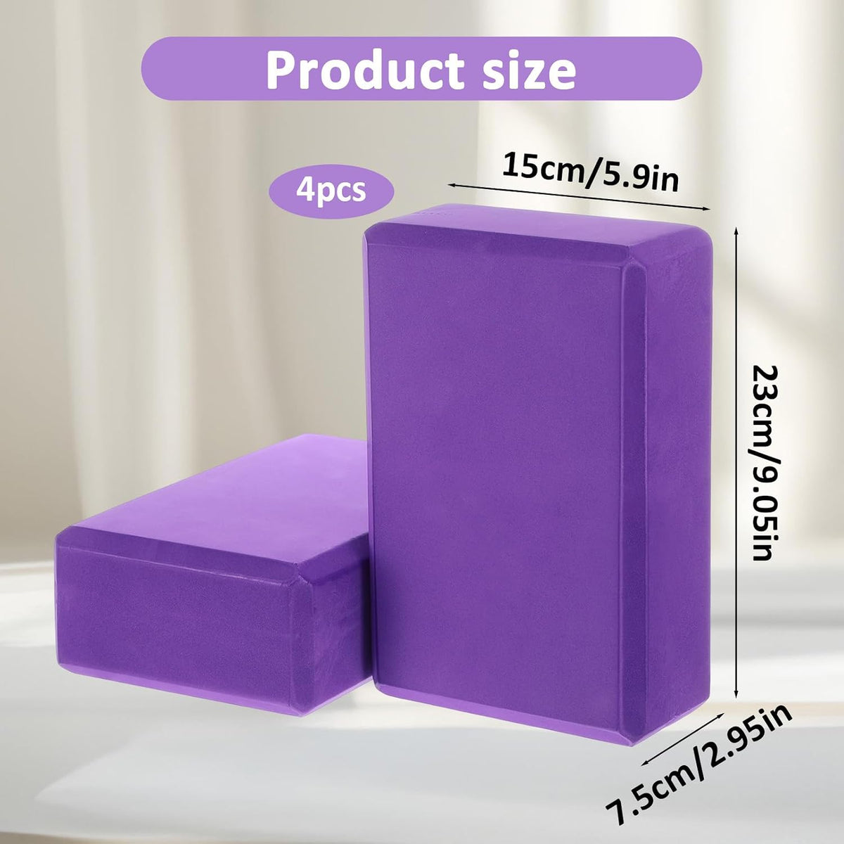 4 Pack High Density EVA Foam Yoga Blocks (9"x6"x3") - Non-Slip Lightweight Pilates Equipment for Stretching, Meditation & Balance Support (Purple)