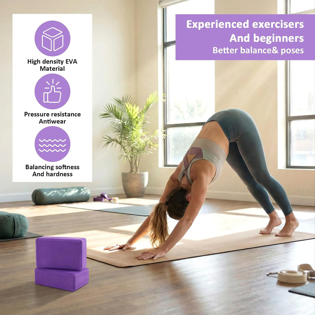 4 Pack High Density EVA Foam Yoga Blocks (9"x6"x3") - Non-Slip Lightweight Pilates Equipment for Stretching, Meditation & Balance Support (Purple)