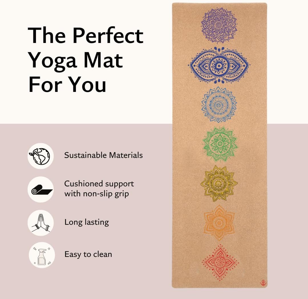 Chakra Cork Yoga mat - Artist Designed, Premium eco Friendly mats, Non Slip, Non Toxic, Great for Regular & Hot Yoga, Pilates and Work Out (72 inch x 24 inch x 3mm Thick)