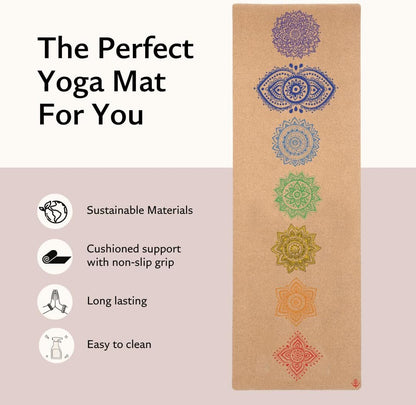 Chakra Cork Yoga mat - Artist Designed, Premium eco Friendly mats, Non Slip, Non Toxic, Great for Regular & Hot Yoga, Pilates and Work Out (72 inch x 24 inch x 3mm Thick)