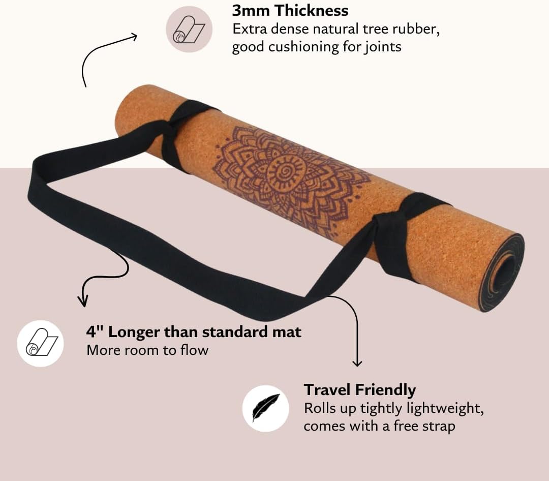 Chakra Cork Yoga mat - Artist Designed, Premium eco Friendly mats, Non Slip, Non Toxic, Great for Regular & Hot Yoga, Pilates and Work Out (72 inch x 24 inch x 3mm Thick)