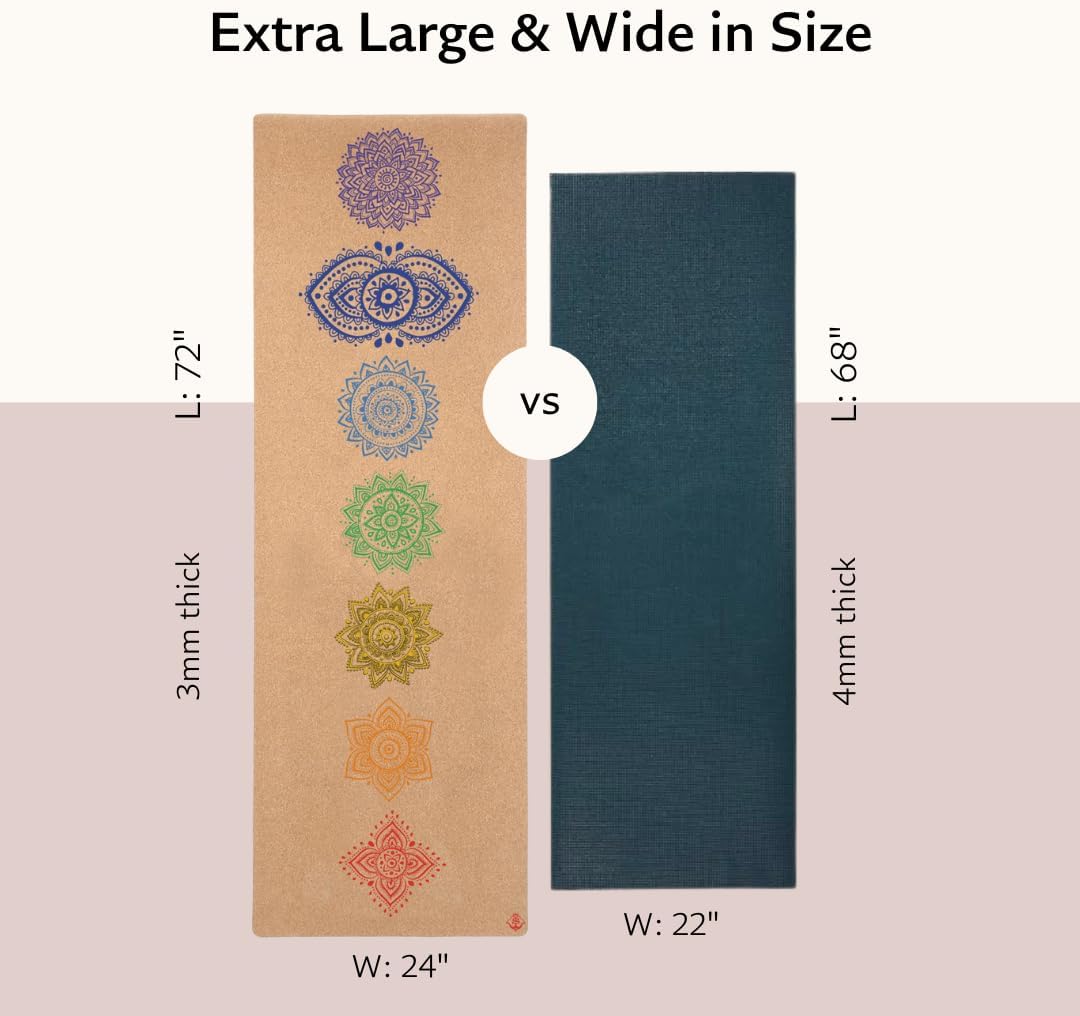 Chakra Cork Yoga mat - Artist Designed, Premium eco Friendly mats, Non Slip, Non Toxic, Great for Regular & Hot Yoga, Pilates and Work Out (72 inch x 24 inch x 3mm Thick)