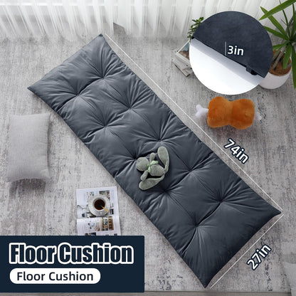 Floor Lounger Pillow Foldable and Tufted Design Long Floor Cushion for Yoga, Reading, Sleeping, Meditation, Elastic Band for Roll Up and Easy Storage, Machine Washable, Dark Grey, 74"x27"