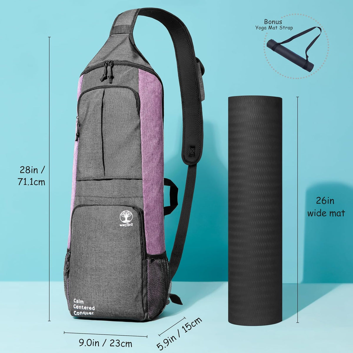 Yoga Mat Bag Carrier - Large Pockets & Water Bottle Holders. Yoga Backpack Fits 0.5" Thick x 26" Wide Mats. Hands-Free, Left-Right Switchable, Yoga, Gym, Cycling