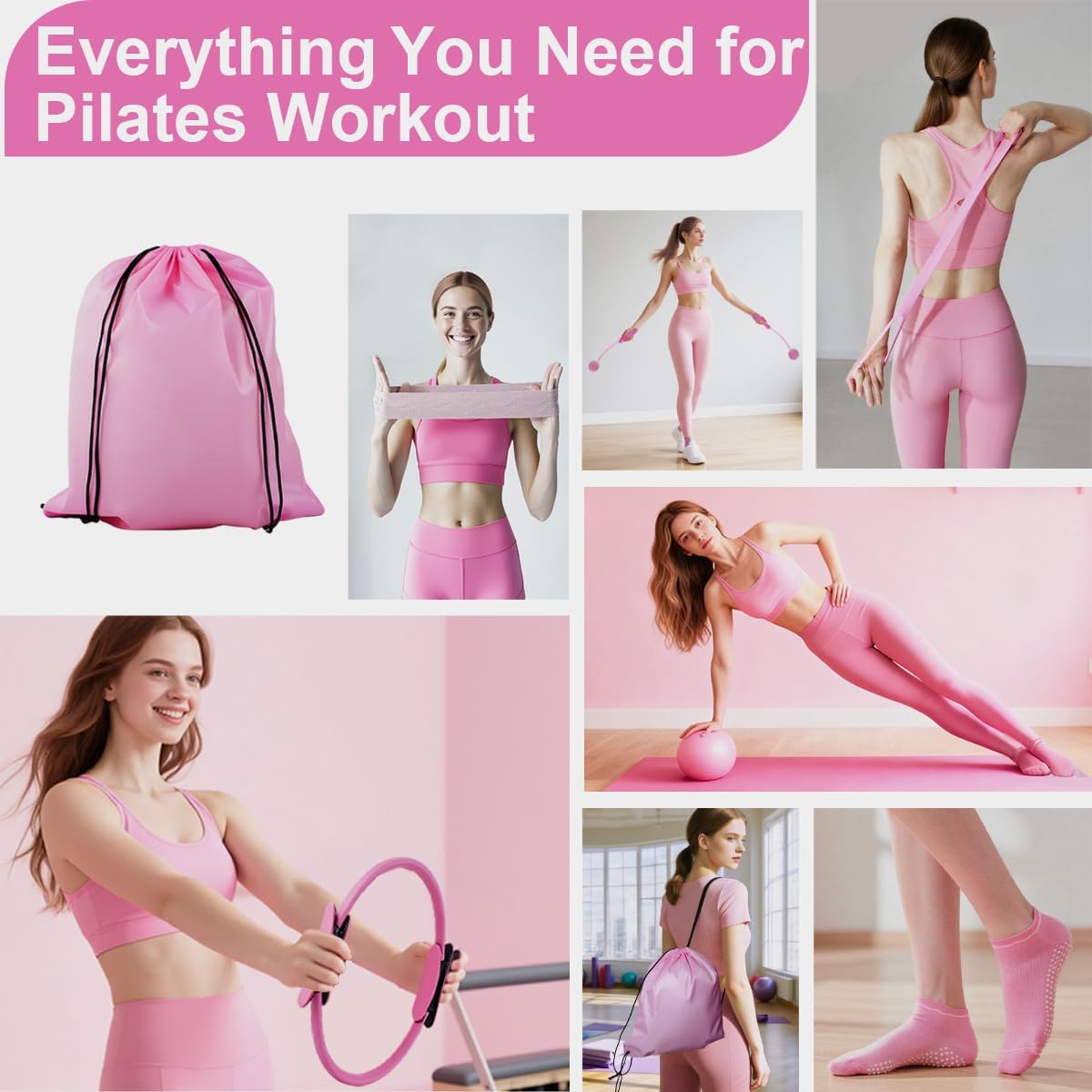 Home Pilates Kit for Women, Workout Set with 12.9" Ring, 9.8" Mini Ball, 4 Fabric Bands, Figure-8 Band, Stretch Band, D-Ring Strap, Cordless Jump Rope, Socks, Carry Bag