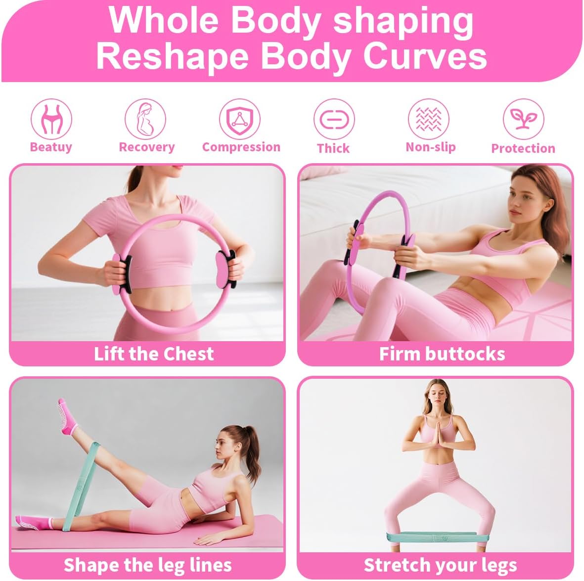 Home Pilates Kit for Women, Workout Set with 12.9" Ring, 9.8" Mini Ball, 4 Fabric Bands, Figure-8 Band, Stretch Band, D-Ring Strap, Cordless Jump Rope, Socks, Carry Bag
