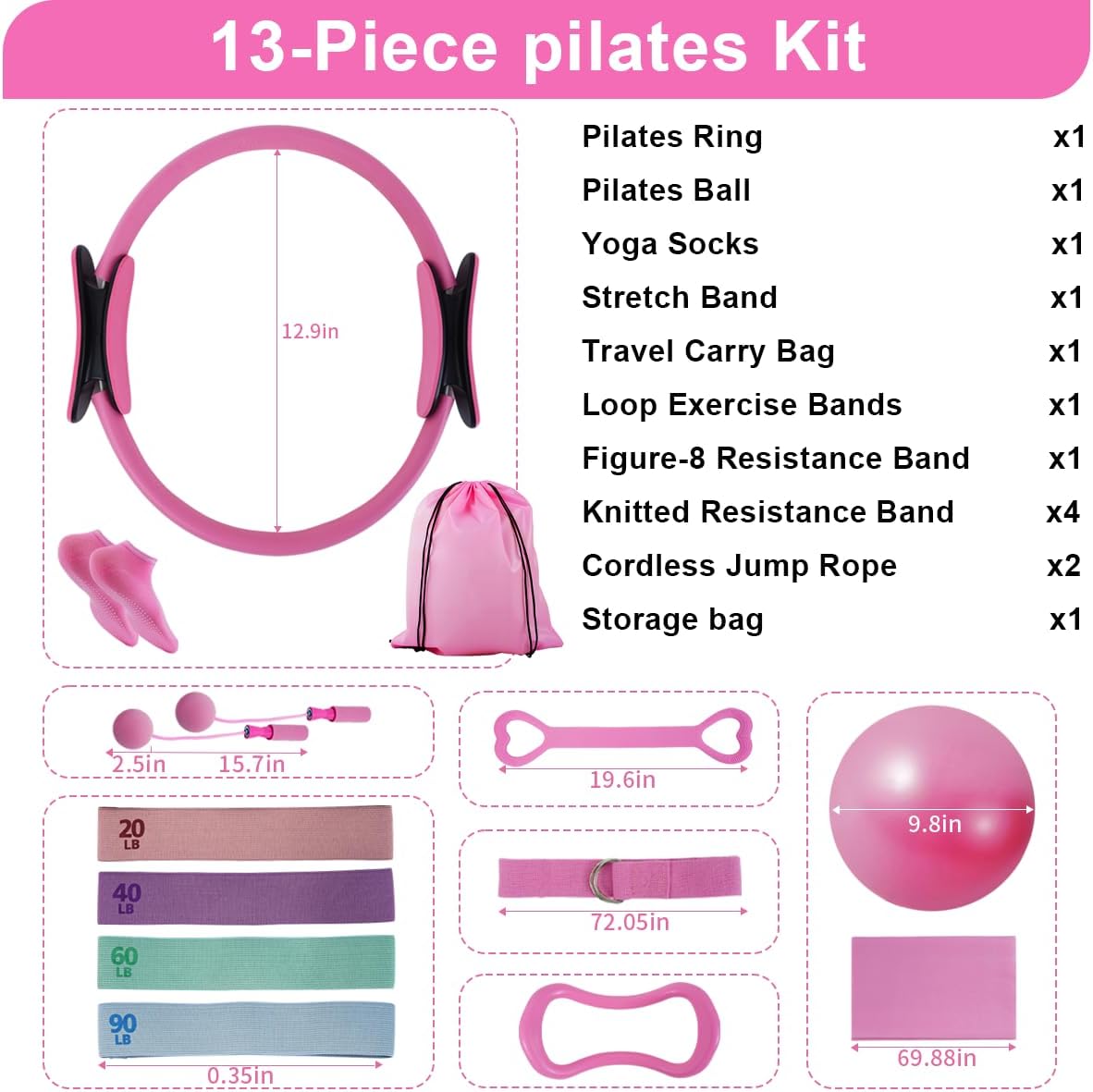 Home Pilates Kit for Women, Workout Set with 12.9" Ring, 9.8" Mini Ball, 4 Fabric Bands, Figure-8 Band, Stretch Band, D-Ring Strap, Cordless Jump Rope, Socks, Carry Bag