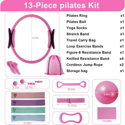 Home Pilates Kit for Women, Workout Set with 12.9" Ring, 9.8" Mini Ball, 4 Fabric Bands, Figure-8 Band, Stretch Band, D-Ring Strap, Cordless Jump Rope, Socks, Carry Bag