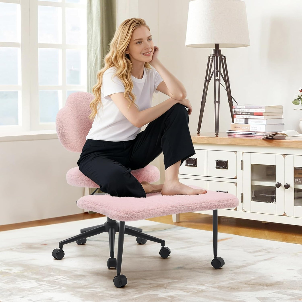Ergonomic Cross Legged Chair, 360° Swivel Meditation Chair with Wheels, Height Adjustable Seat for Meditation, ADHD & Yoga, PU Leather Yoga Stool for Home Office, Black