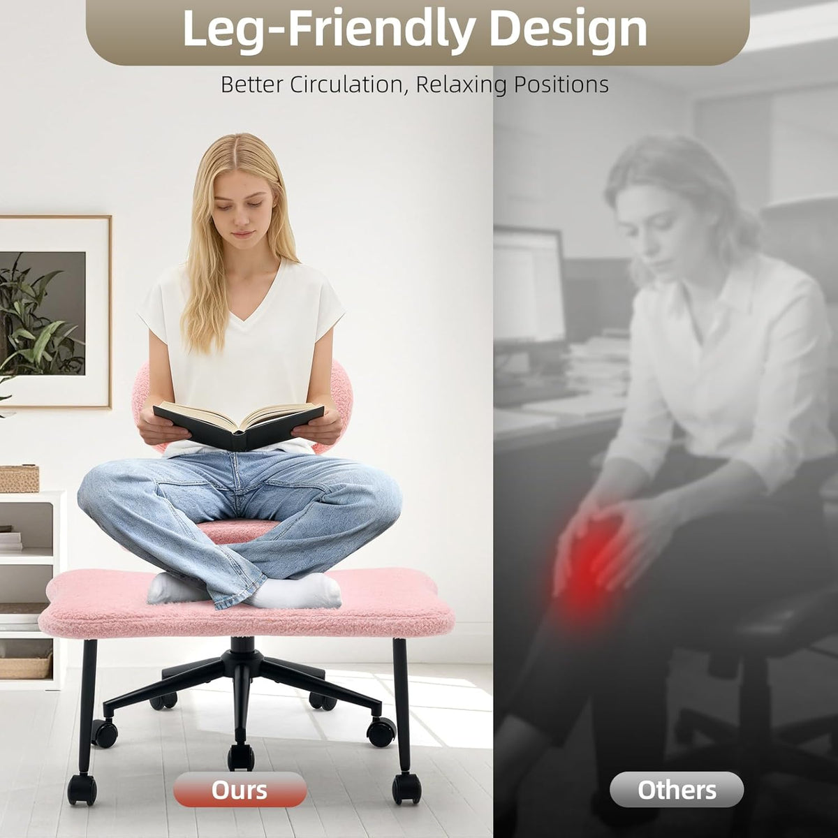 Ergonomic Cross Legged Chair, 360° Swivel Meditation Chair with Wheels, Height Adjustable Seat for Meditation, ADHD & Yoga, PU Leather Yoga Stool for Home Office, Black